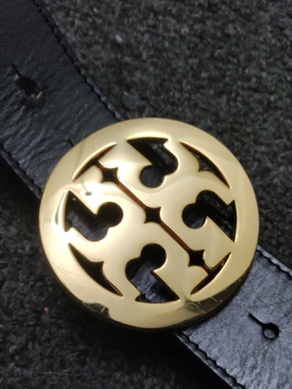 Tory Burch Black Leather Belt with Gold Logo Disc Buckle